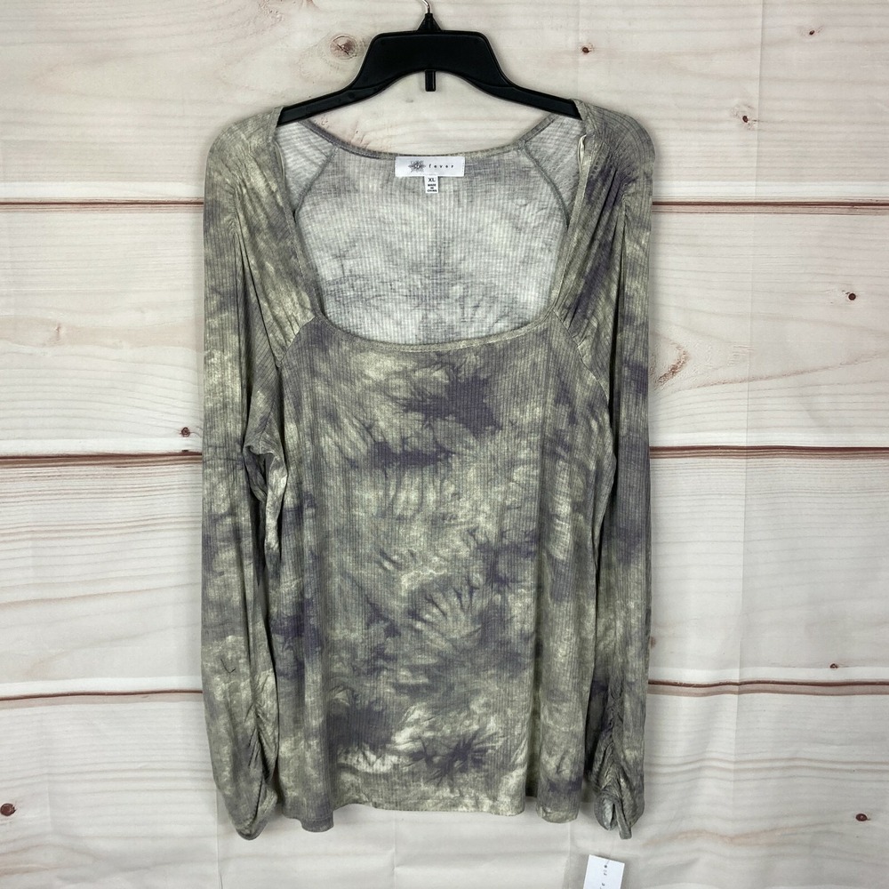 Fever‎ Top Womens XL Tie-Dye Square Neck T-Shirt Rib Knit Long Sleeve Pullover